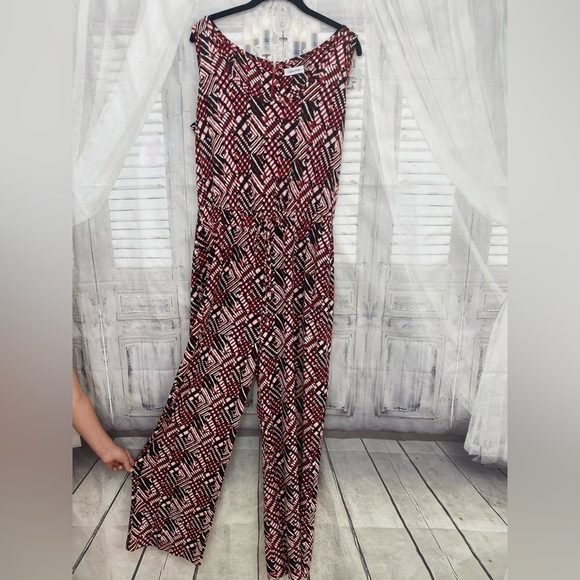 Calvin Klein Size 12 Brown Red Sleeveless Jumpsuit Scoop Neck Drawstring NWOT - Picture 1 of 8